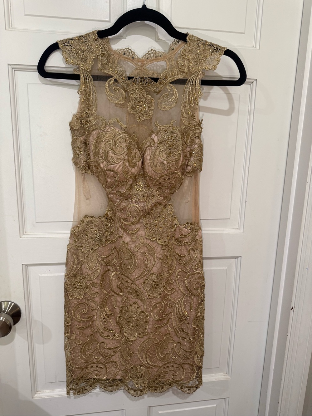 Dave & Johnny Gold Embroidered Illusion Mini Dress